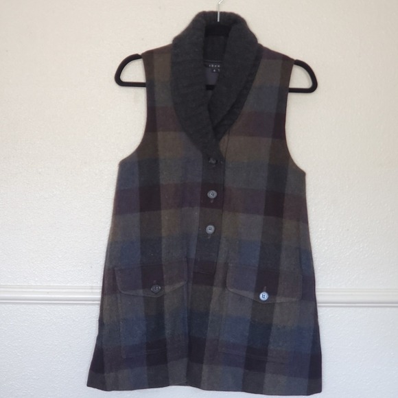 Theory Jackets & Blazers - Theory Kellsie Plaid Wool Vest Shawl Collar Brown Blue Grey 91171606 Womens 6